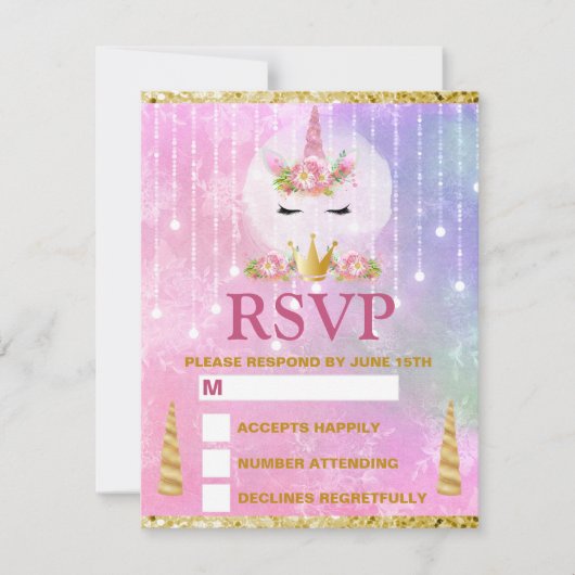 カウトユニコーン顔ピンクフラワーズキンセニェラ 出欠カード (正面)