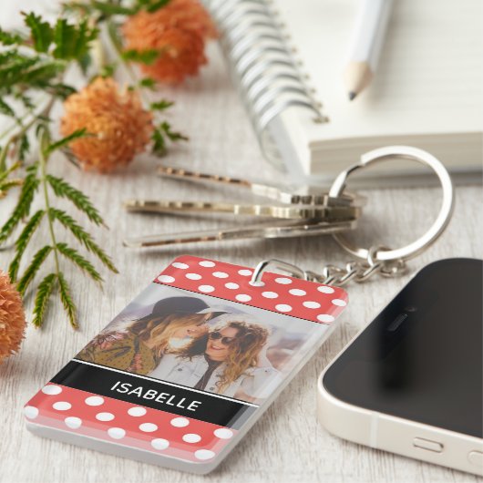 カウトレッド水玉模様カスタムの写真パーソナライズされた。 キーホルダー (正面右)