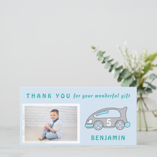 カウトレースカーブルー誕生日サンキューフォトカード サンキューカード (スタンド正面)