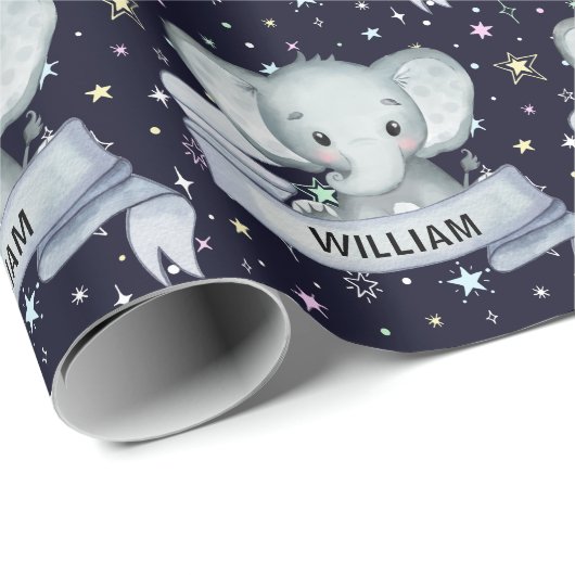 カウト男の赤ちゃんエレファント名前をカスタムするスターズブルー ラッピングペーパー (ロールコーナー)