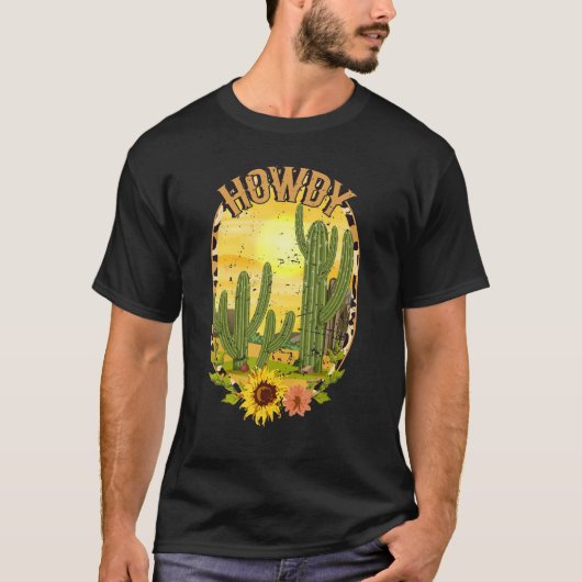カウハイド テキサス サボテン セラペ 西部 ロデオ 日没 L Tシャツ (正面)