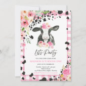 カウバースデーパーティーピンクフローラファームランチ誕生日 招待状 (正面)