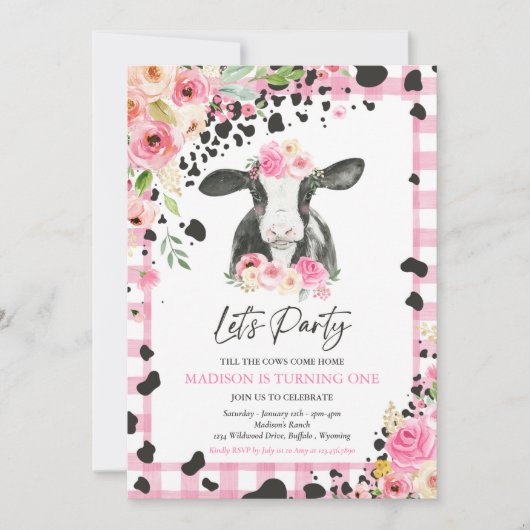 カウバースデーパーティーピンクフローラファームランチ誕生日 招待状 (正面)