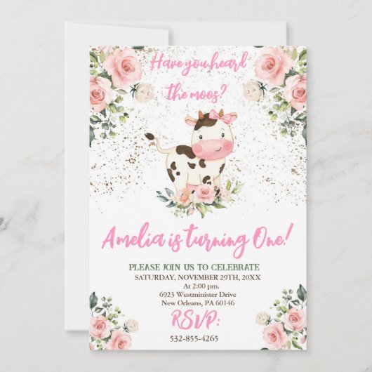 カウバースデーパーティーピンク&金ゴールドガール誕生日 招待状 (正面)