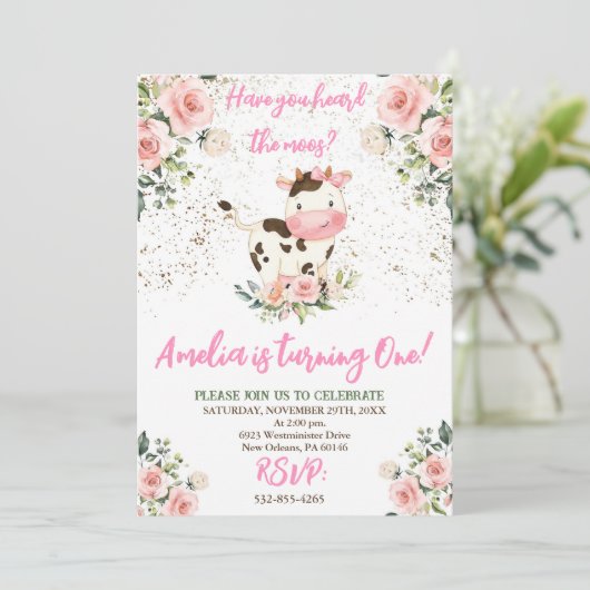 カウバースデーパーティーピンク&金ゴールドガール誕生日 招待状 (スタンド正面)