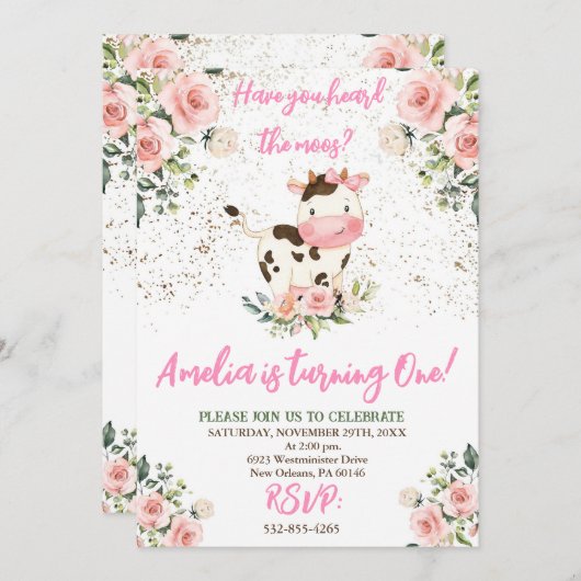 カウバースデーパーティーピンク&金ゴールドガール誕生日 招待状 (正面/裏面)