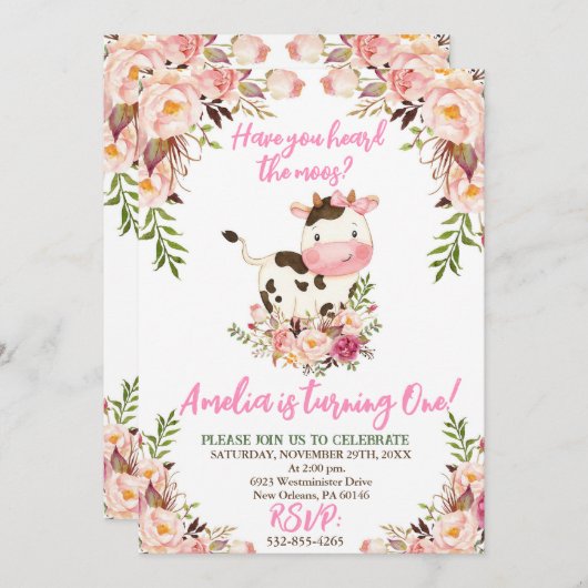 カウバースデーパーティー、ファームパーティー、女の子誕生日 招待状 (正面/裏面)