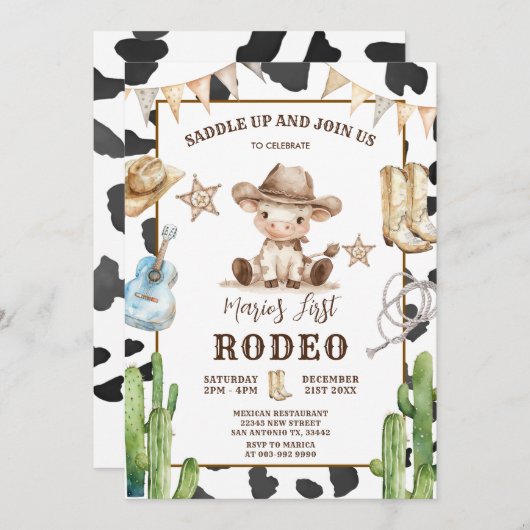 カウパターンワイルドウエストマイファーストロデオ誕生日 招待状 (正面/裏面)