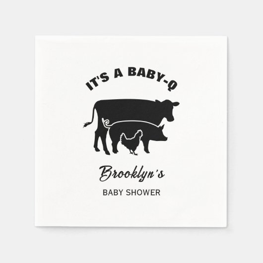 カウピッグチキンベビーQ BBQベビーシャワー白黒 スタンダードカクテルナプキン (正面)
