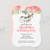 カウファームコーラルアンドピンクフローラ誕生日招待状 招待状 (正面/裏面)