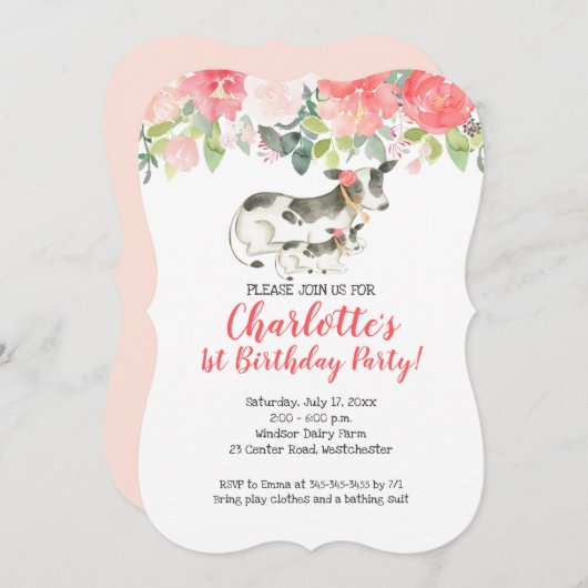 カウファームコーラルアンドピンクフローラ誕生日招待状 招待状 (正面/裏面)