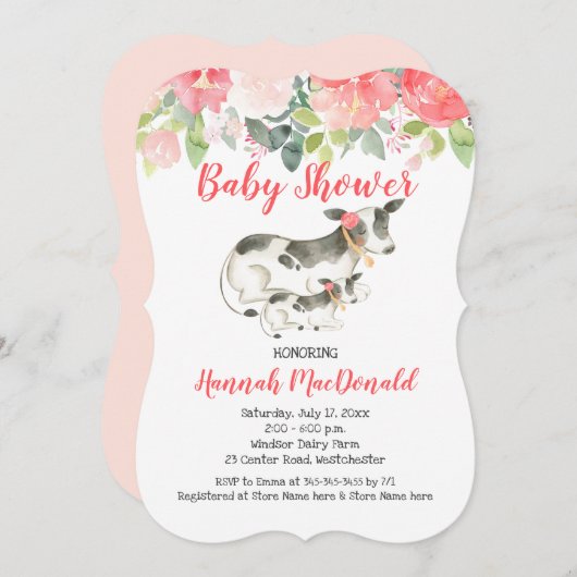 カウファームサンゴ及びピンクフローラベビーシャワー招待状 招待状 (正面/裏面)