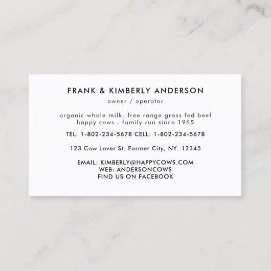 カウファームホルスタイン乳製品の水彩 名刺 (裏面)
