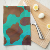 カウブラウンおよびティール(緑がかった色)プリント キッチンタオル (四つ折り)