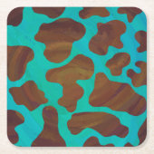 カウブラウンおよびティール（緑がかった色）プリント スクエアペーパーコースター (正面)