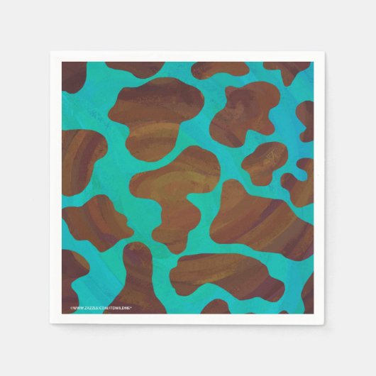 カウブラウンおよびティール（緑がかった色）プリント スタンダードカクテルナプキン (正面)