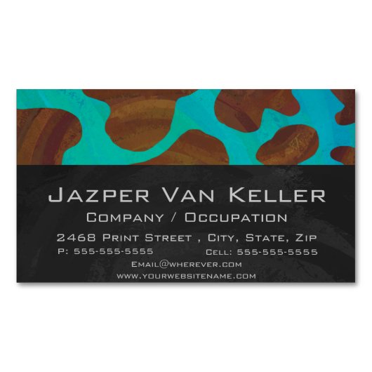 カウブラウンおよびティール（緑がかった色）プリント マグネット名刺 (正面)