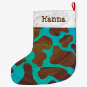 カウブラウンおよびティール（緑がかった色）プリント ラージクリスマスストッキング (裏面)