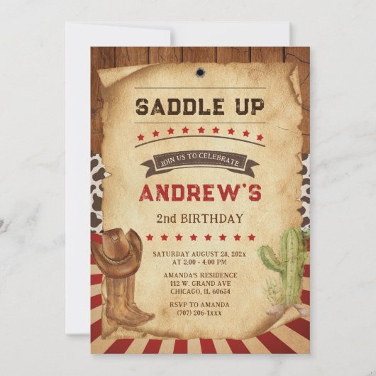 カウボパーソナライズされたイの2回目の誕生日 招待状 (正面)