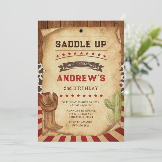 カウボパーソナライズされたイの2回目の誕生日 招待状 (スタンド正面)