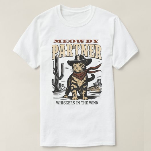 カウボーイおもしろいネコ – Meowdy Partner Western Cat Tシャツ (デザイン正面)