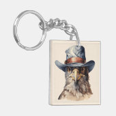 カウボーイおもしろいハットを着たハト、水色 キーホルダー (正面左)