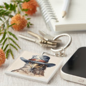 カウボーイおもしろいハットを着たハト、水色 キーホルダー (正面右)