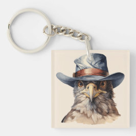 カウボーイおもしろいハットを着たハト、水色 キーホルダー
