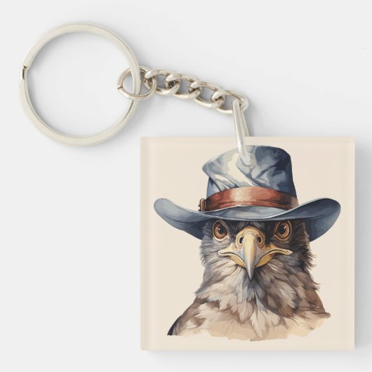 カウボーイおもしろいハットを着たハト、水色 キーホルダー (正面)