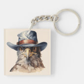 カウボーイおもしろいハットを着たハト、水色 キーホルダー (裏面)