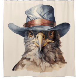 カウボーイおもしろいハットを着たハト、水色 シャワーカーテン