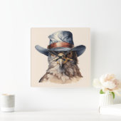 カウボーイおもしろいハットを着たハト、水色 スクエア壁時計 (ホーム)