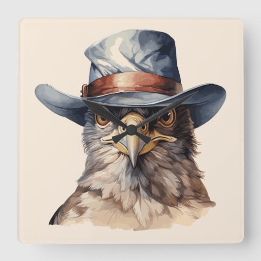 カウボーイおもしろいハットを着たハト、水色 スクエア壁時計 (正面)