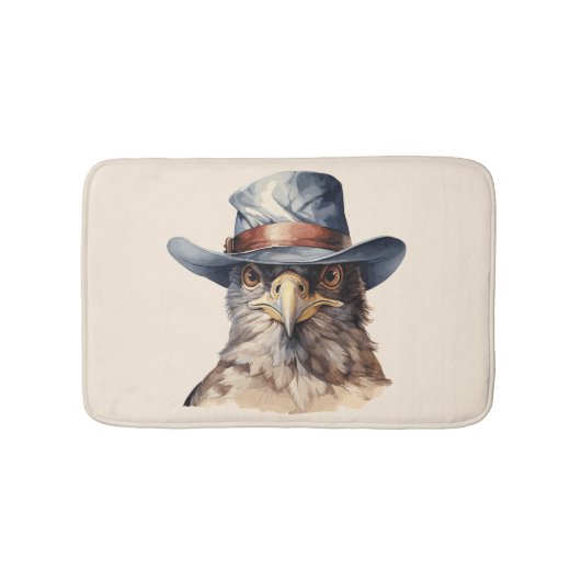 カウボーイおもしろいハットを着たハト、水色 バスマット (正面)
