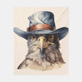 カウボーイおもしろいハットを着たハト、水色 フリースブランケット