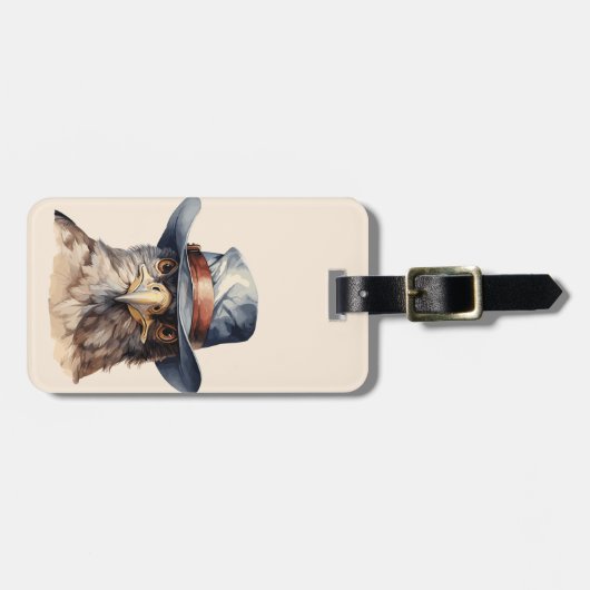 カウボーイおもしろいハットを着たハト、水色 ラゲッジタグ (正面横)