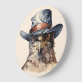 カウボーイおもしろいハットを着たハト、水色 ラージ壁時計 (傾斜)