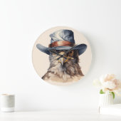 カウボーイおもしろいハットを着たハト、水色 ラージ壁時計 (ホーム)