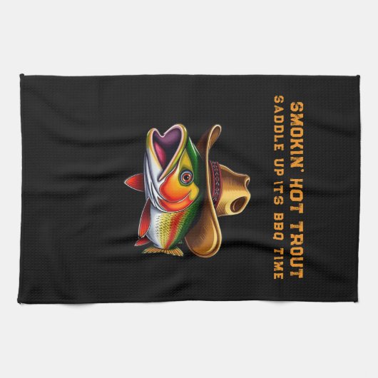 カウボーイおもしろいハットを着たファーザーズデイフィッシュ キッチンタオル (横)