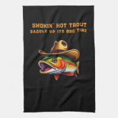 カウボーイおもしろいハットを着たファーザーズデイフィッシュ キッチンタオル (縦)