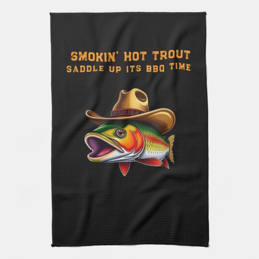 カウボーイおもしろいハットを着たファーザーズデイフィッシュ キッチンタオル (縦)