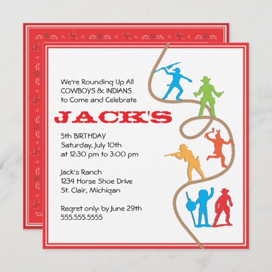 カウボーイおよびインディアンの誕生日のパーティの招待状 招待状 (正面/裏面)