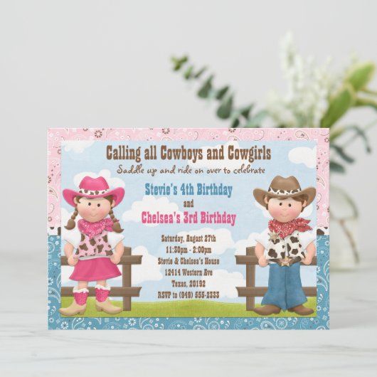 カウボーイおよび女性のカーボーイの共同兄弟姉妹の誕生会 招待状 (スタンド正面)