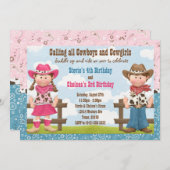 カウボーイおよび女性のカーボーイの共同兄弟姉妹の誕生会 招待状 (正面/裏面)