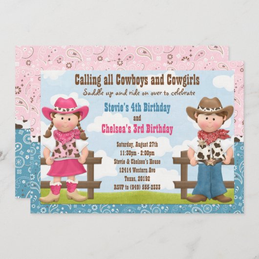 カウボーイおよび女性のカーボーイの共同兄弟姉妹の誕生会 招待状 (正面/裏面)
