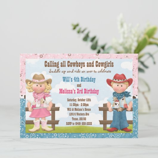 カウボーイおよび女性のカーボーイの共同兄弟姉妹の誕生会 招待状 (スタンド正面)