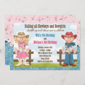 カウボーイおよび女性のカーボーイの共同兄弟姉妹の誕生会 招待状 (正面/裏面)