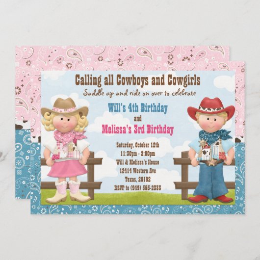 カウボーイおよび女性のカーボーイの共同兄弟姉妹の誕生会 招待状 (正面/裏面)