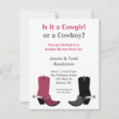 カウボーイか女性のカーボーイか。 性はパーティの招待状を明らかにします 招待状 (正面)