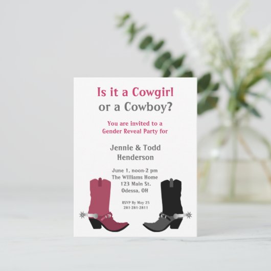 カウボーイか女性のカーボーイか。 性はパーティの招待状を明らかにします 招待状 (スタンド正面)